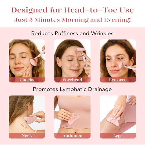BAIMEI IcyMe Rose Quartz Roller & Gua Sha Facial Tool Set for - Product Imagery