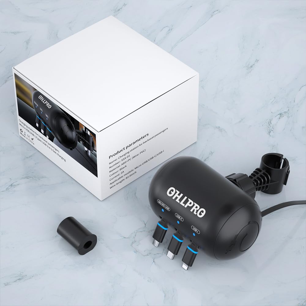 OHLPRO Multi Car Retractable Backseat 3 in 1 Car Charging Station Box – back view and specifications