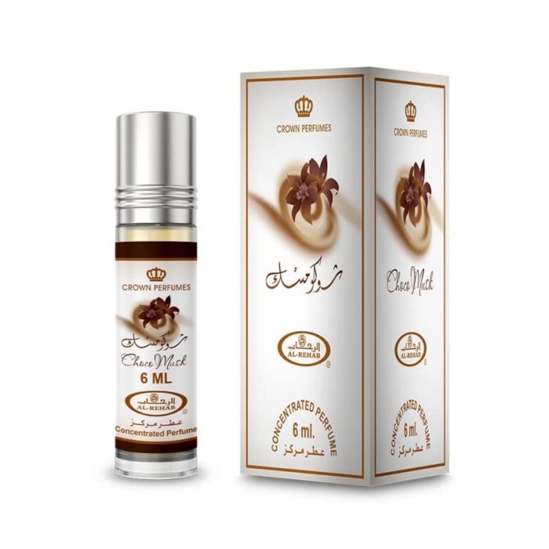 Al-Rehab Choco Musk perfume oil rollerball, unisex personal fragrance in 0.2 oz bottle with a sleek design.