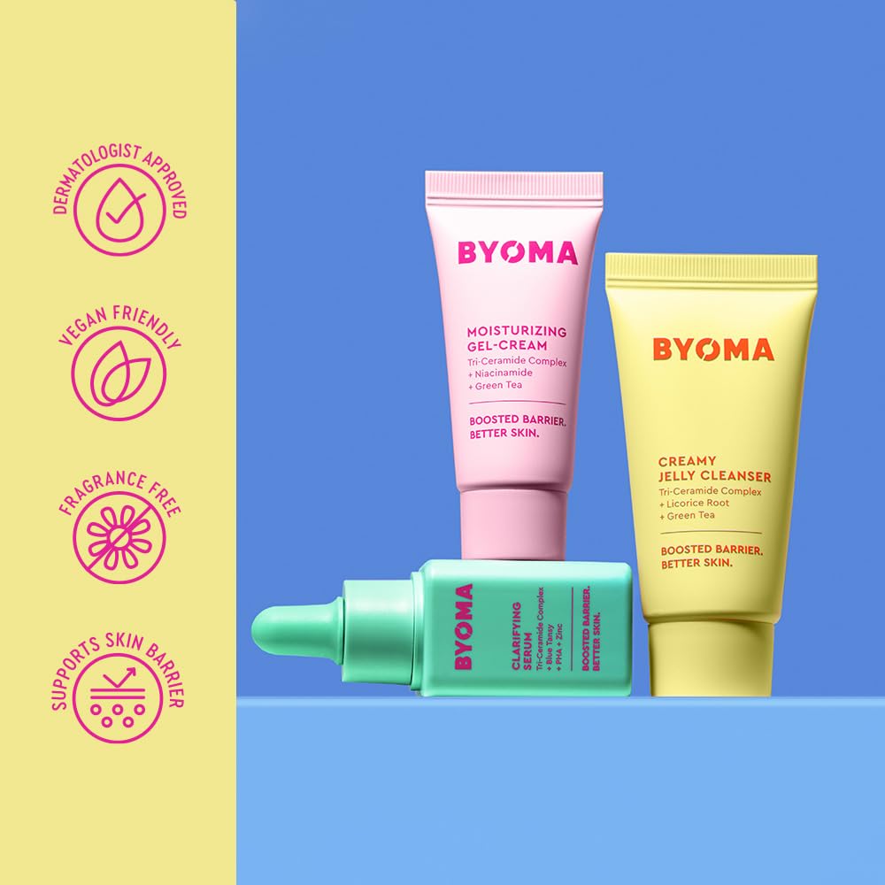 BYOMA So Clear Set with jelly cleanser, clarifying serum, and gel cream for skin care treatment, displayed in a clean, minimal layout.