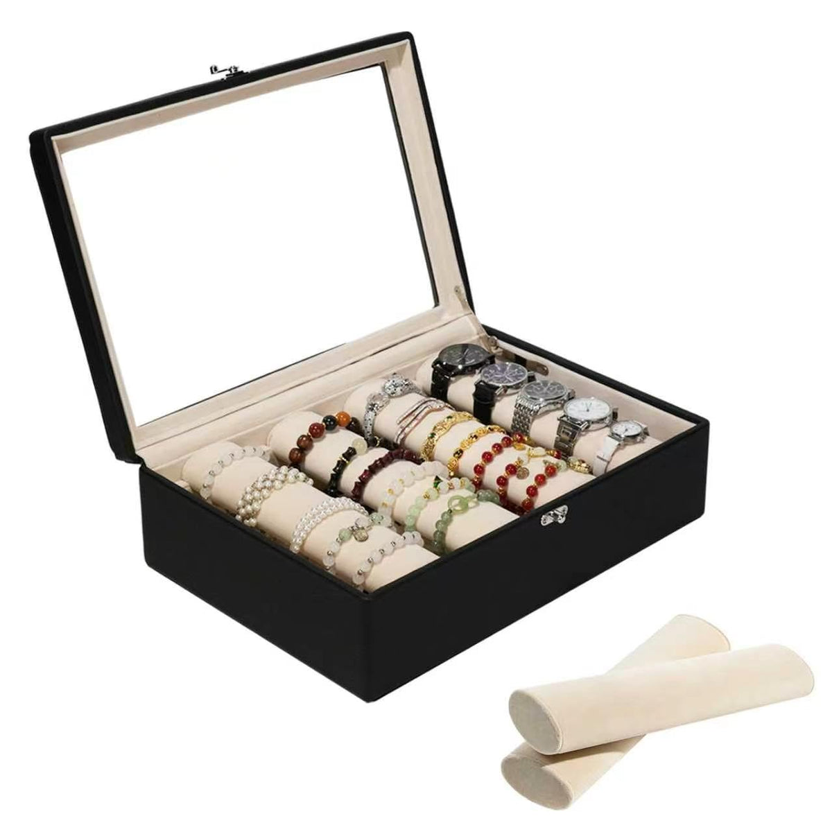 OrizeGe Bracelet Holder Rods Bangles Box Organizer Display – Black, Faux Leather, Soft Velvet