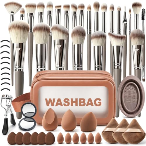 CLRDZN Makeup Brush Set, 57Pcs Multifunctional Makeup Brushes with Travel Case – Brown, Nylon