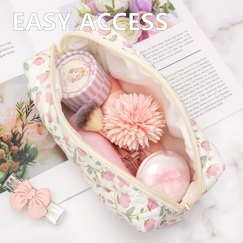 PAZIMIIK Small Quilted Makeup Bag,Zipper Cosmetic Pouch,Floral - Product Imagery