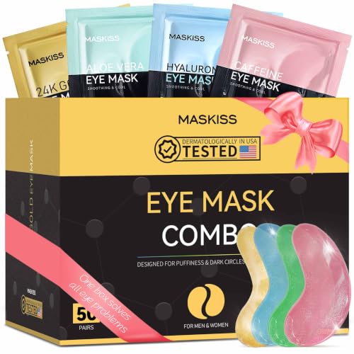 Maskiss Under Eye Patches(50 Pairs), 24K Gold, Caffeine, Hyaluronic Acid, Aloe Vera Eye Masks for Dark Circles Puffy Eye