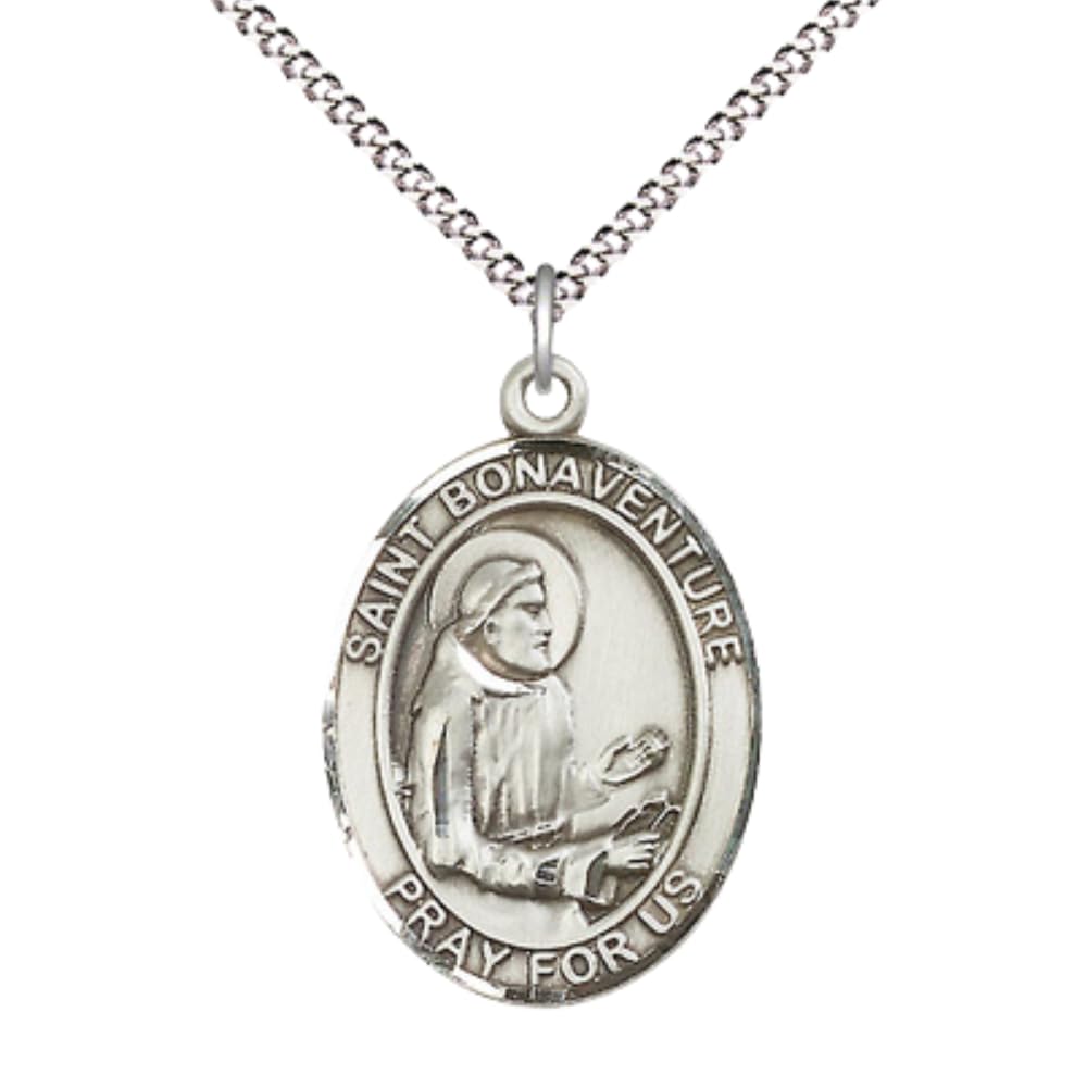 Everlasting Light Jewelry Women's Pewter Saint St. Bonaventure Medal Pendant on 18 Inch Rhodium Plated Lite Curb Brass C