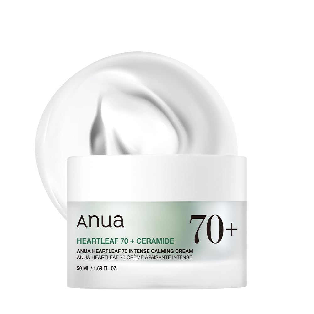 ANUA Heartleaf 70 Intense Calming Cream with ceramide, a skin moisturizer in a 1.69 fl oz jar, featuring soothing ingredients for sensitive skin.