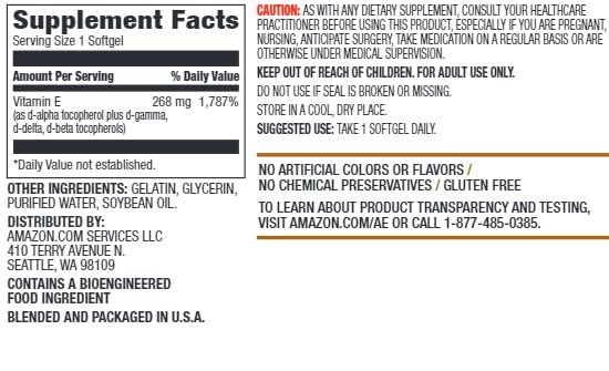Amazon Elements Vitamin E, 400 IU, 100 Softgels, 100 days of - Product Imagery