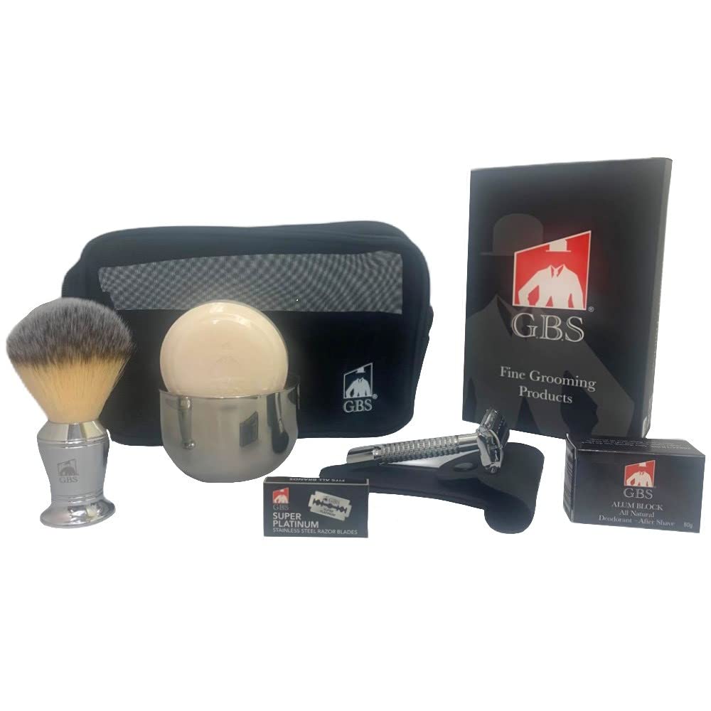 G.B.S Men Deluxe Travelling Kit, Butterfly Double Edge Safety Razor, Chrome Shaving Brush, Soap Bowl, Natural Shaving So