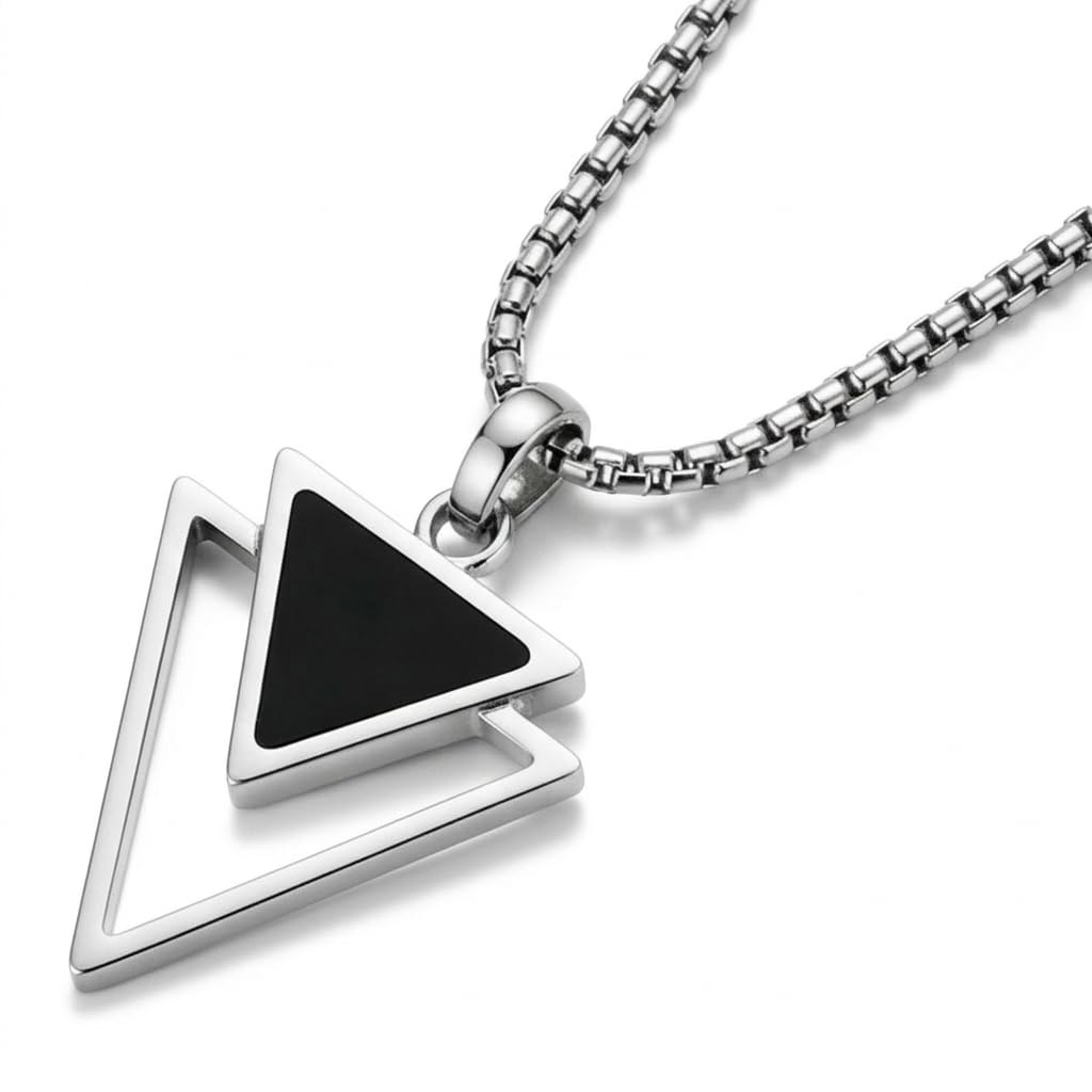 Galis Mens Necklace - Premium Stainless Steel Silver Chain Necklace, Non Tarnish, Chains, Triangle, Cross, Black Enamel,