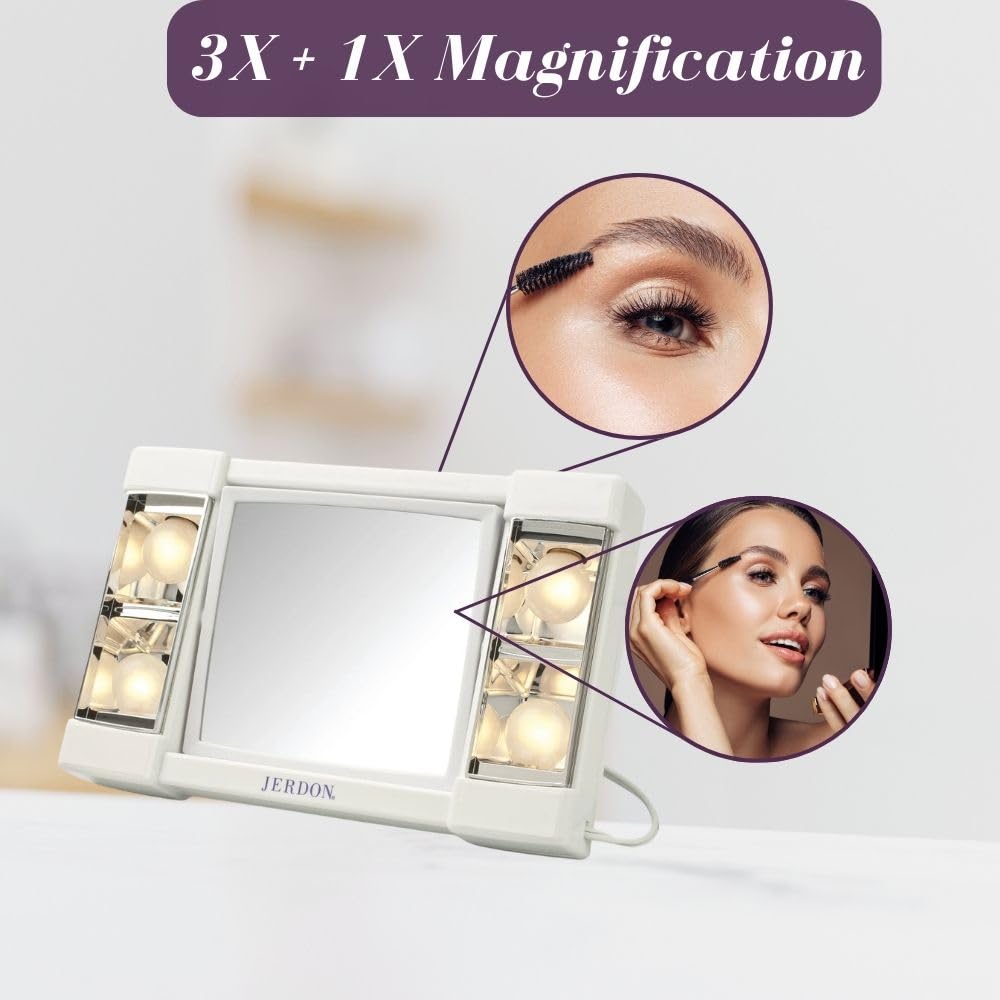 JERDON Lighted Makeup Mirror with 3X Magnification - White - J1010 – packaging and label