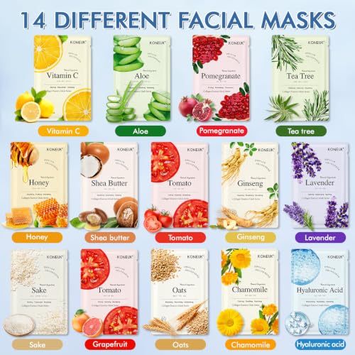 KONEUK 14 Pack Sheet Face Masks Skincare, Hydrating Face Masks - Product Imagery