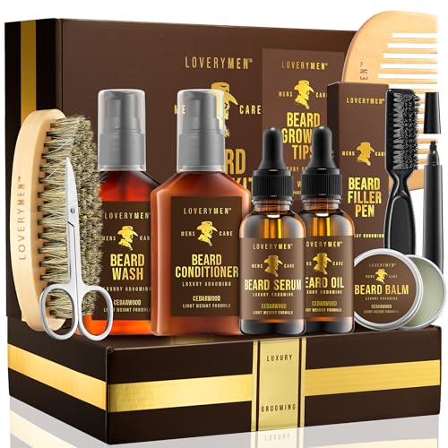 LOVERY Ultimate Beard Care Kit - 12pc Complete Grooming Set in Cedarwood, Beard Balm, Wash, Conditioner, Oil, Serum, Bea