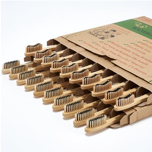 20 Count Bamboo Toothbrushes (Soft+Medium), Natural Wood - Product Imagery