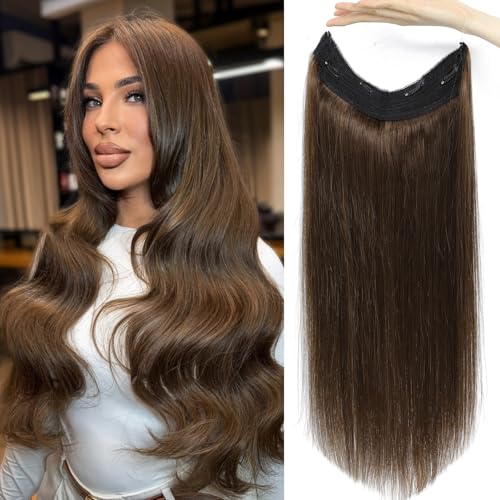 Doupor Invisible Wire Hair Extensions Real Human Hair, That Halo Hair Extensions Human Hair, Chocolate Brown Wire Remy H