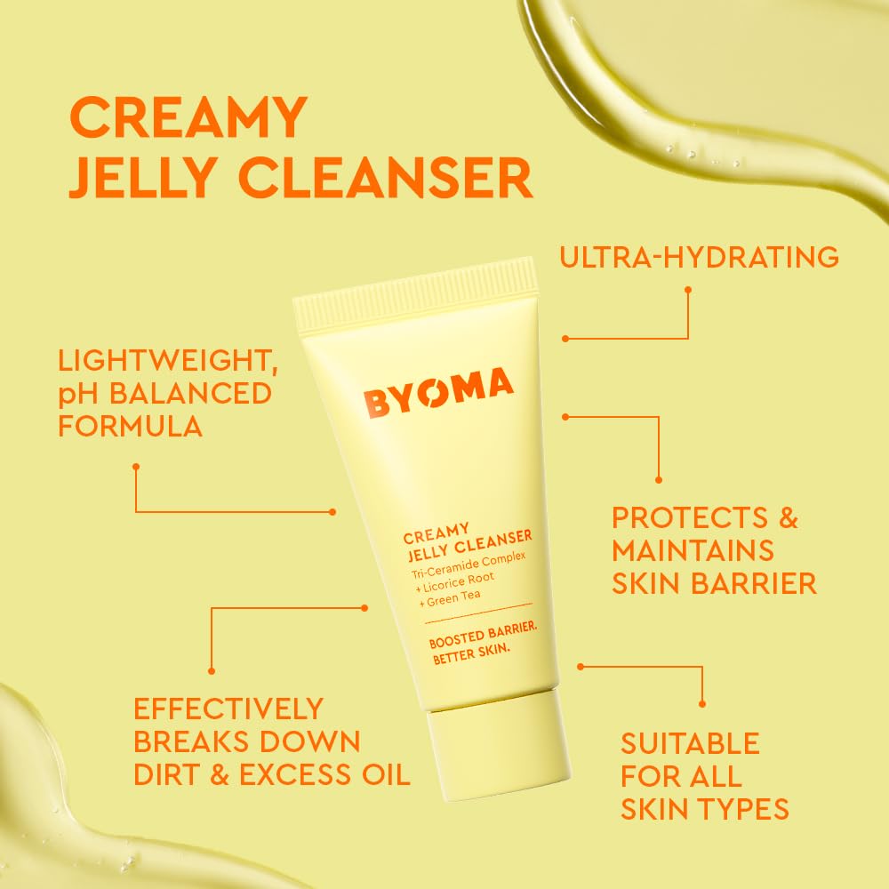 BYOMA So Clear Set with jelly cleanser, clarifying serum, and gel cream for skincare, displayed on a white background.
