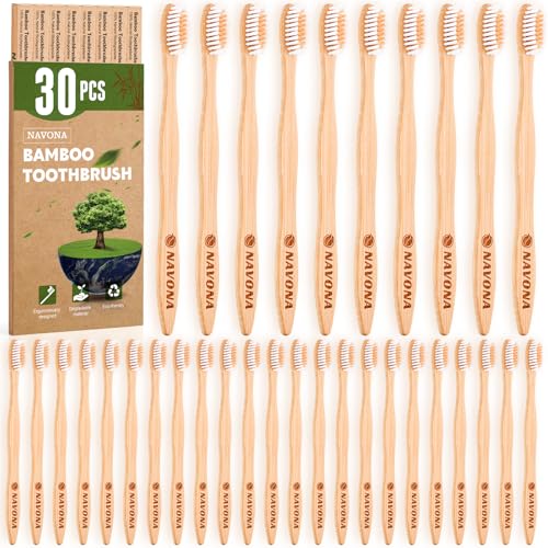 30 PCS Bamboo Toothbrushes Pack, Natural & Eco-Friendly Wooden - Product Imagery