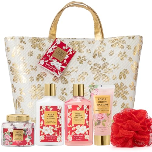 LILY ROY Spa Gifts, Birthday Gifts - 6Pcs Rose Bath and Body Spa Gift Sets for Women – Rose Cherry Blossom