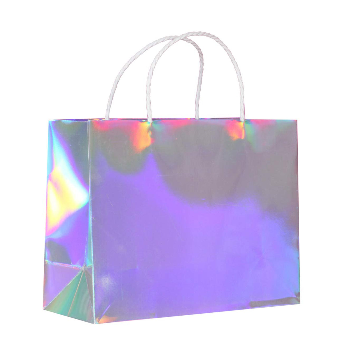 PAPERIST 5pcs 15.7x5.5x11.8 (3) Large, Holographic Silver Coating Gift Bags with Premium White Handles, Glossy Laminated