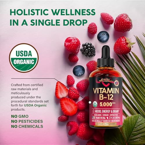 USDA Organic Vitamin B12 Sublingual Drops - Methylcobalamin 5000 - Product Imagery