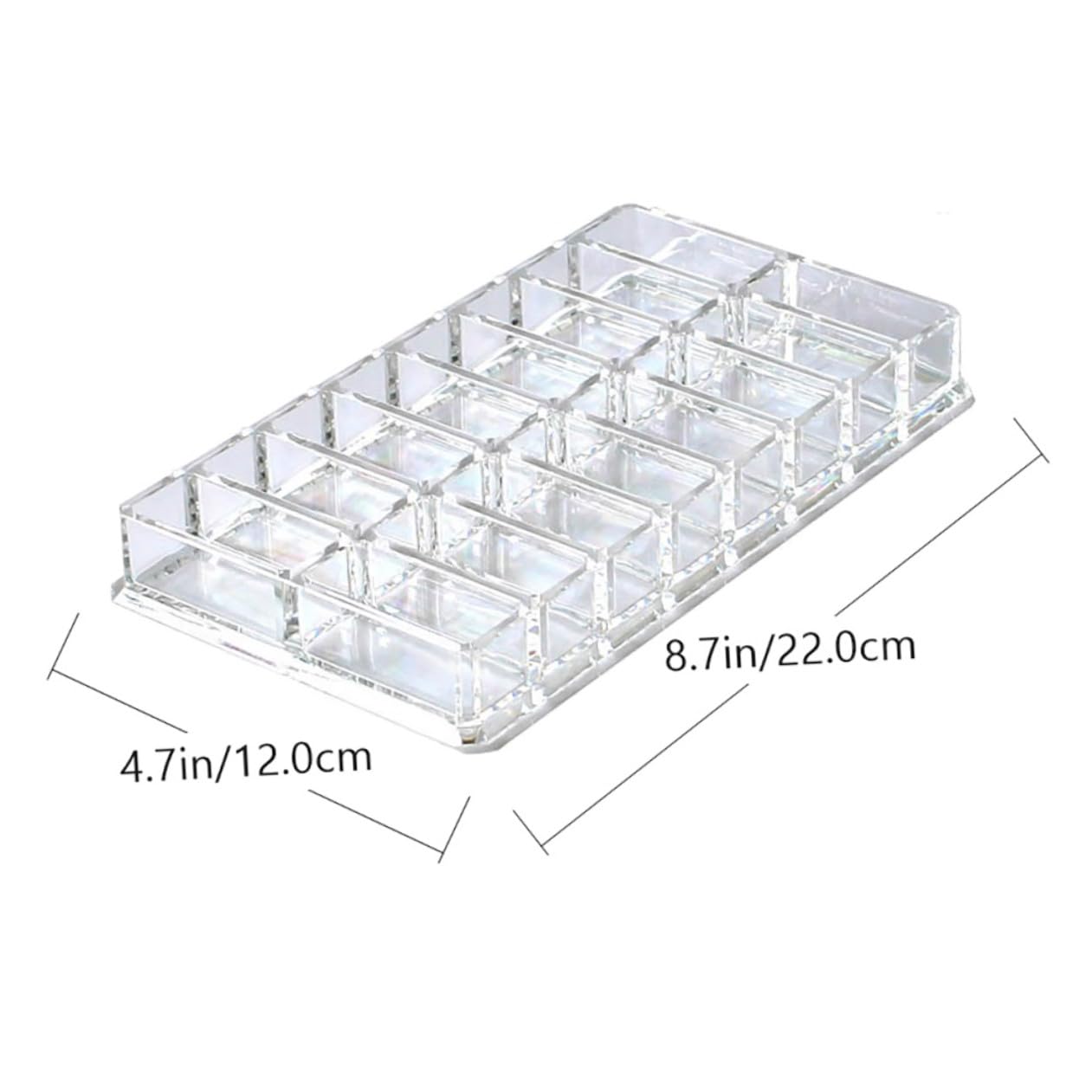 TEHAUX acrylic makeup display case with 16-grid double-row caddy for compact powders and cosmetics on vanity table.