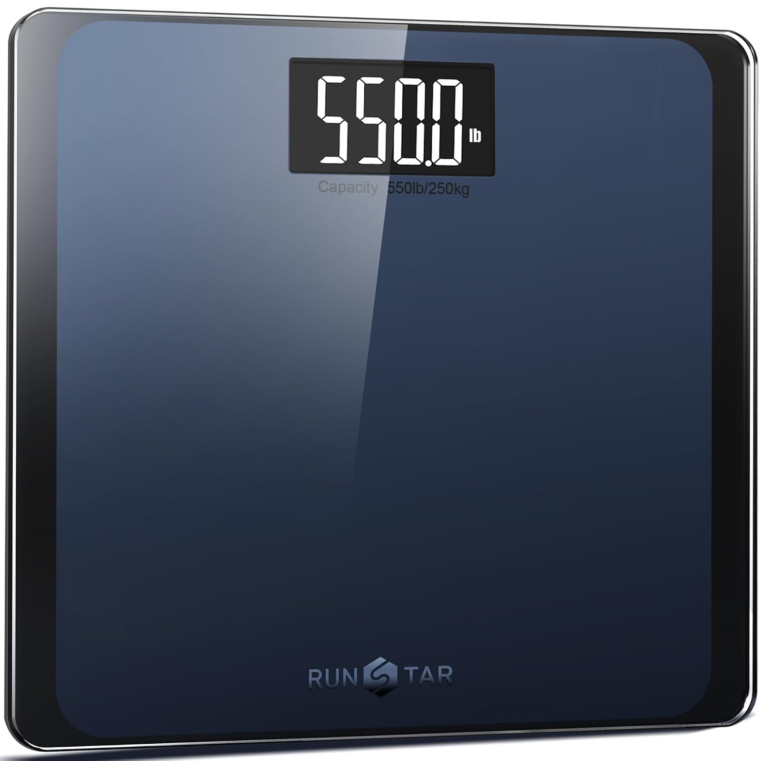 RunStar 550lb digital bathroom scale with ultra-wide platform, large LCD display, high precision, and high weight capacity.