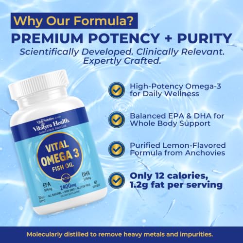 VITAL NUTRITIVE Omega 3 Fish Oil 2400mg - 864mg EPA 576mg DHA - Product Imagery