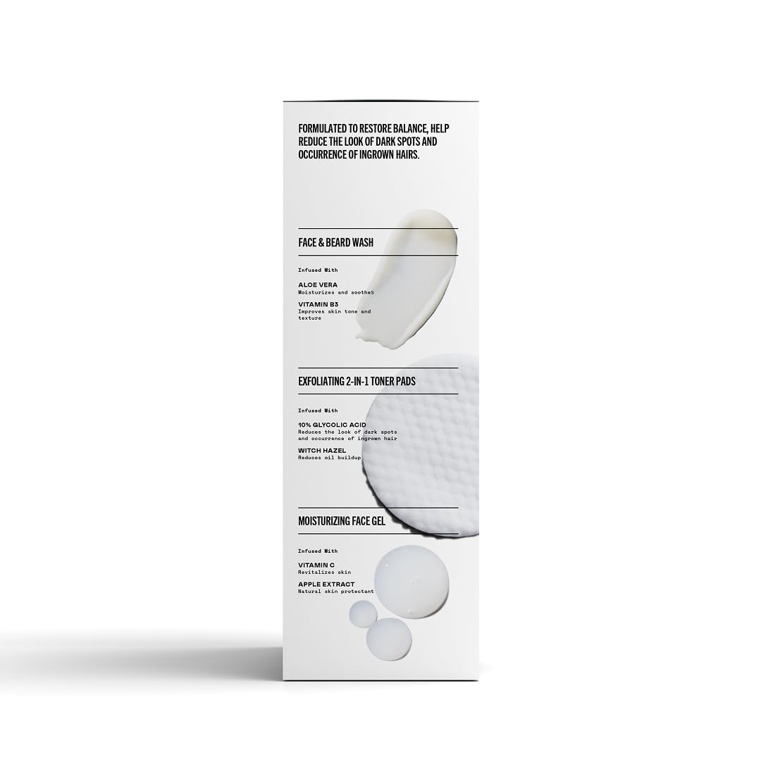 Bevel men's skin care set with face wash, exfoliating pads, and gel for cleansing and skin renewal.