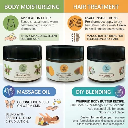 Mango Butter, Shea Butter & Coconut Oil Set for Skin, Hair & Body - Product Imagery