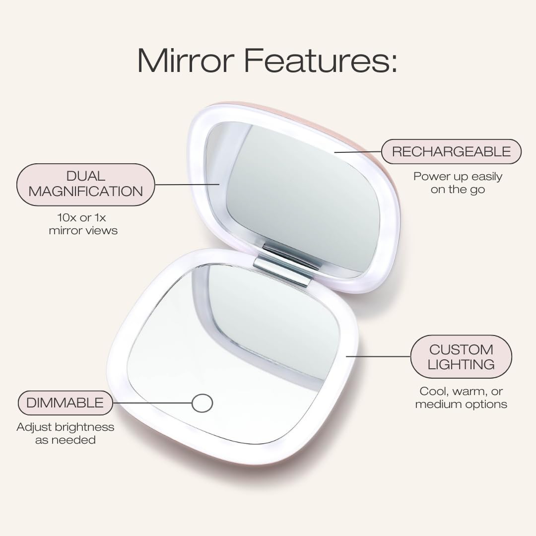 Woosh Beauty Fold Out Mirror | Travel Compact LED Light Mirror | 1x/10x Dual Magnification – packaging and label