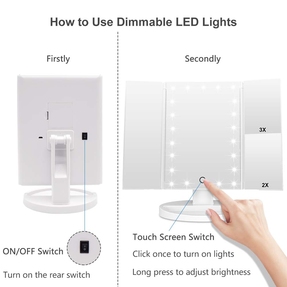 WEILY Makeup Mirror with 21 LED Lights, 1x/2x/3x Trifold Vanity Mirror – packaging and label
