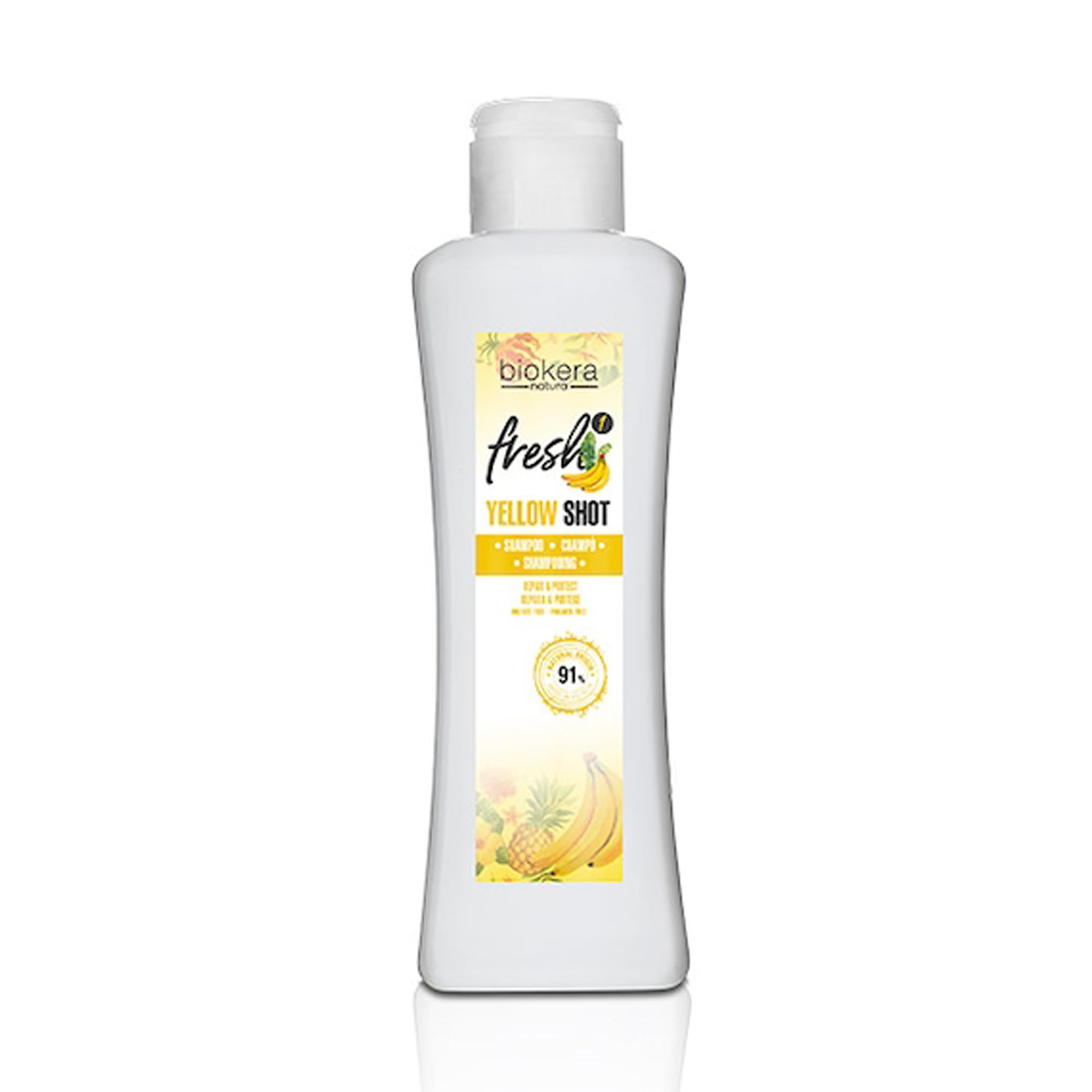 Salerm Biokera Yellow Shot Repair Shampoo 300ml bottle with yellow label, designed for damaged or colored hair care.