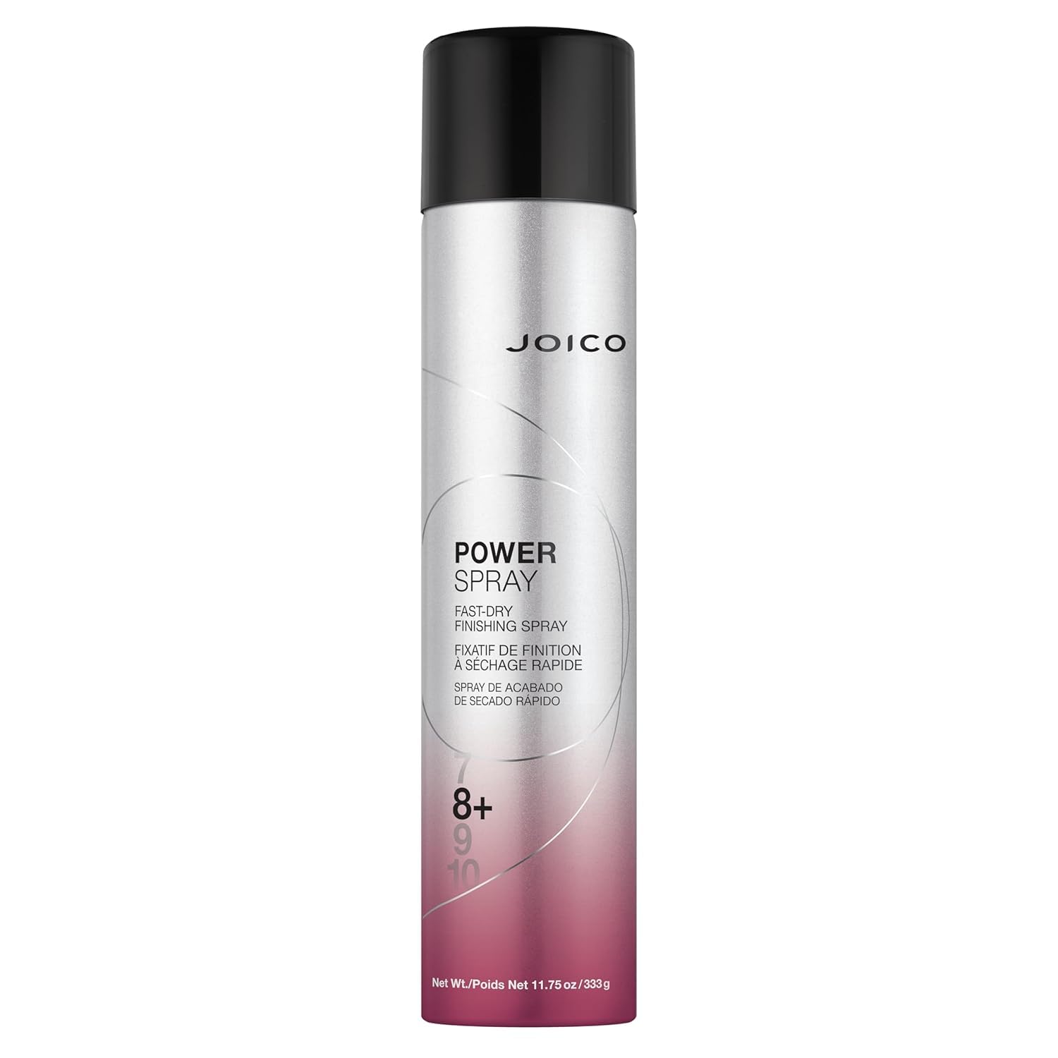 Joico Power Spray fast-dry finishing spray on hair, showing a woman with styled hair, emphasizing heat and humidity protection.