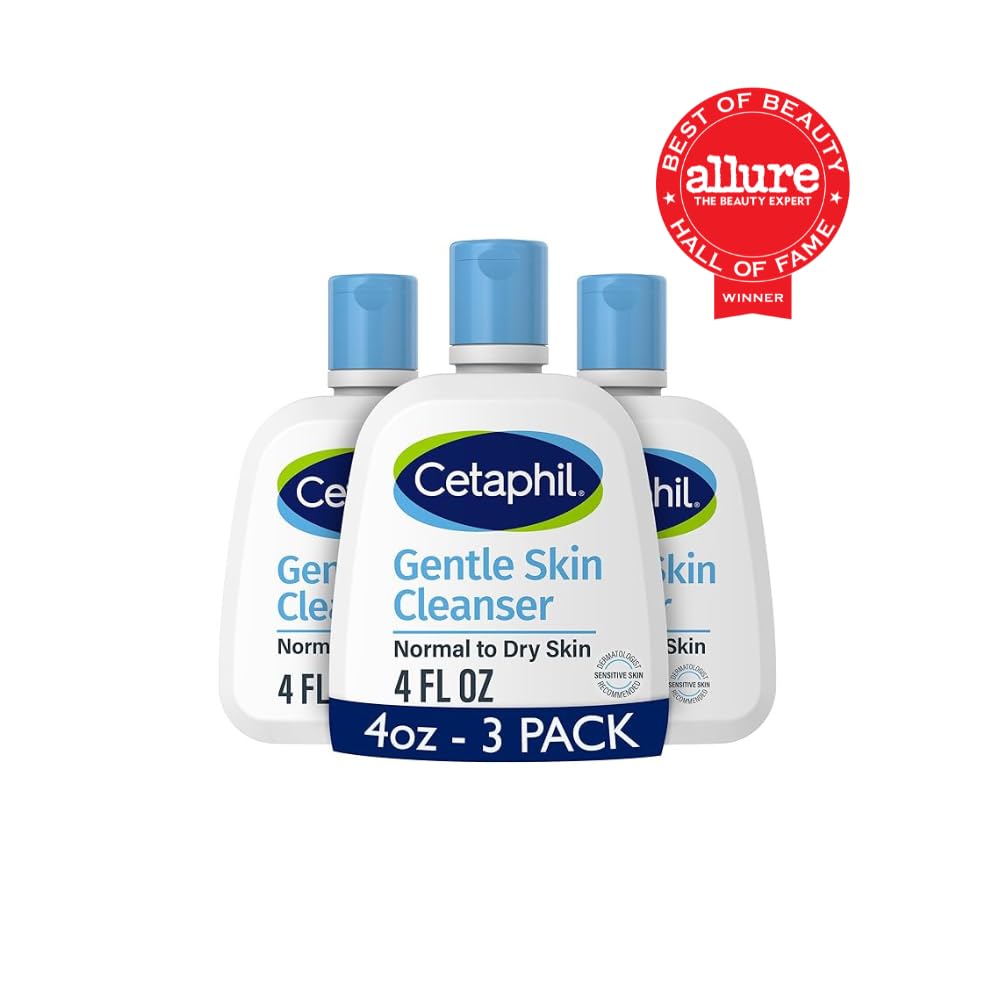 Cetaphil Gentle Cleanser hydrating face wash for sensitive skin in 4 fl oz bottles, shown in a set of three.
