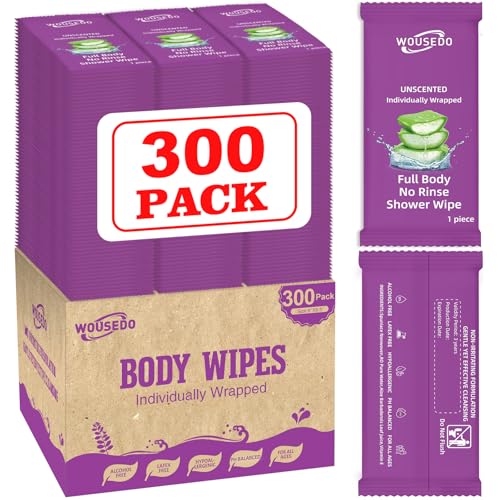 WOUSEDO 300 Pack Body Wipes Individually Wrapped(8" x 9.5"), Shower Wipes for Adult – Allergen Free
