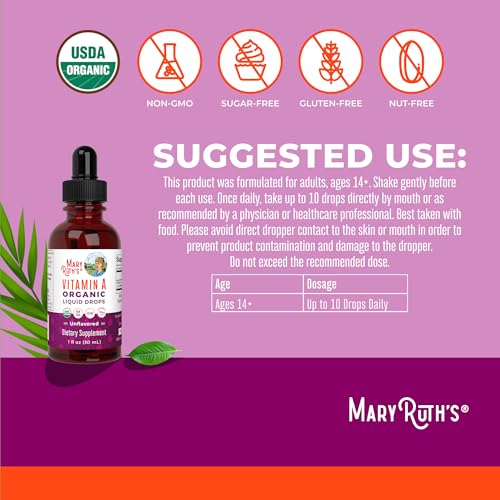 MARYRUTH'S Organics USDA Organic Vitamin A Liquid Drops, 1 oz, - Product Imagery