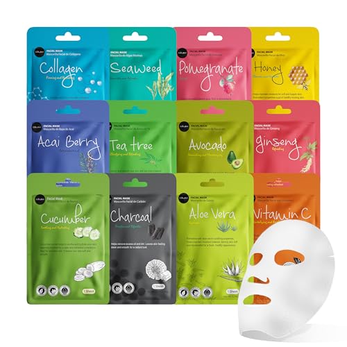 Celavi Korean Face Mask Sheet Set, Facial Spa Masks for Women, - Product Imagery