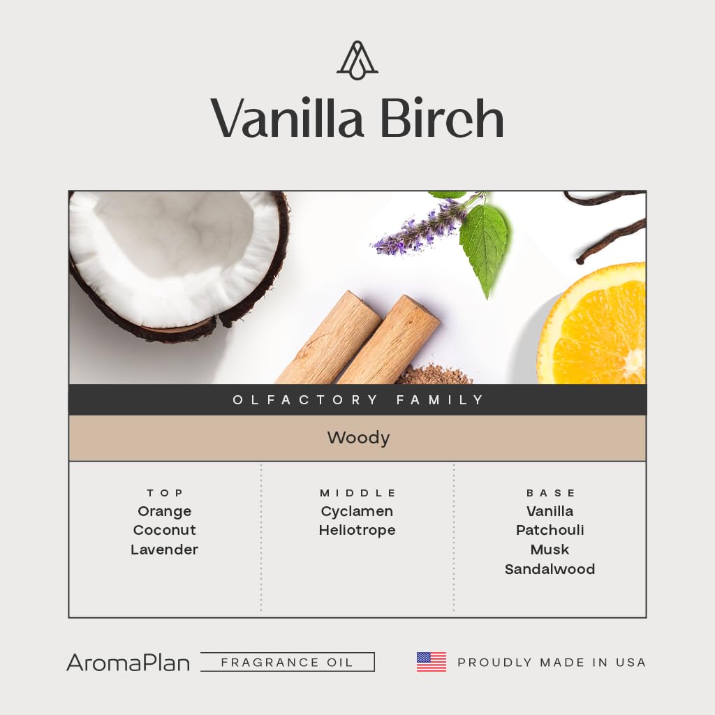 Aromaplan Vanilla Birch diffuser oil 5 oz bottles in a 2-pack, essential oil set with vanilla and birch scent for home use.
