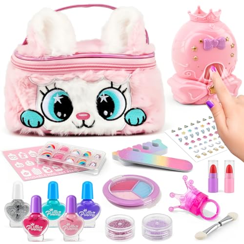 PANPAPA Kids Makeup Kit for Girls-Washable Nail Polish Set with 1-Min Quick Nail Dryer, Non-Toxic Real Cosmetic Toy with