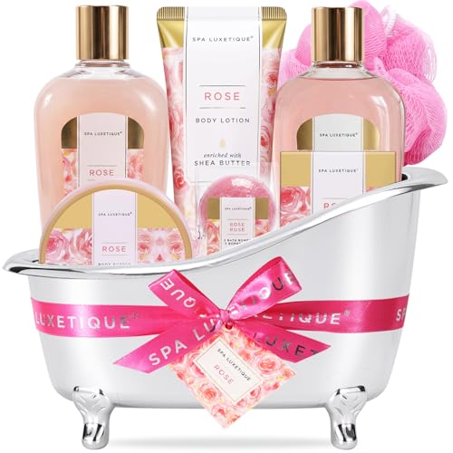 spa luxetique Gift Set for Women, Bath Sets for Women Gift, 8 Pcs Rose Spa Basket Includes Bubble Bath, Shower Gel, Body