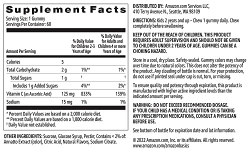 Amazon Basics Kids' Vitamin C 125mg Gummies, Orange Flavor, Soft - Product Imagery
