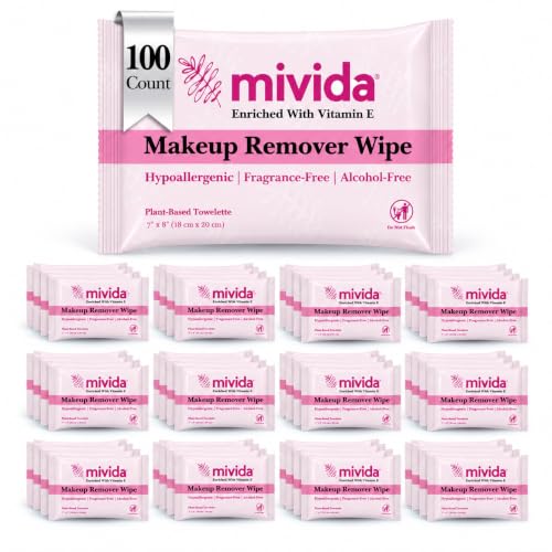 mivida 100 Count Hypoallergenic Makeup Remover Wipes Individually Wrapped with Vitamin E | Dermatologist Tested Alcohol-