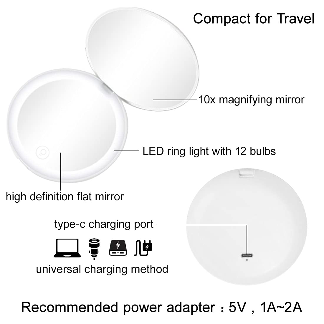 Milishow Compact Mirror with LED Light,1x/10x Magnifying Rechargeable Mirror,3.5in, Dimmable Travel Mirror for Purse,Poc