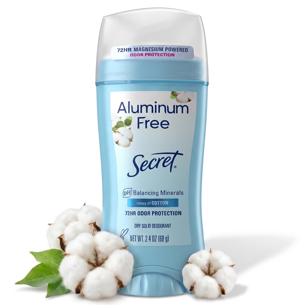 Secret aluminum-free cotton scent women’s deodorant stick, 2.4 oz, showing the product with its sleek packaging