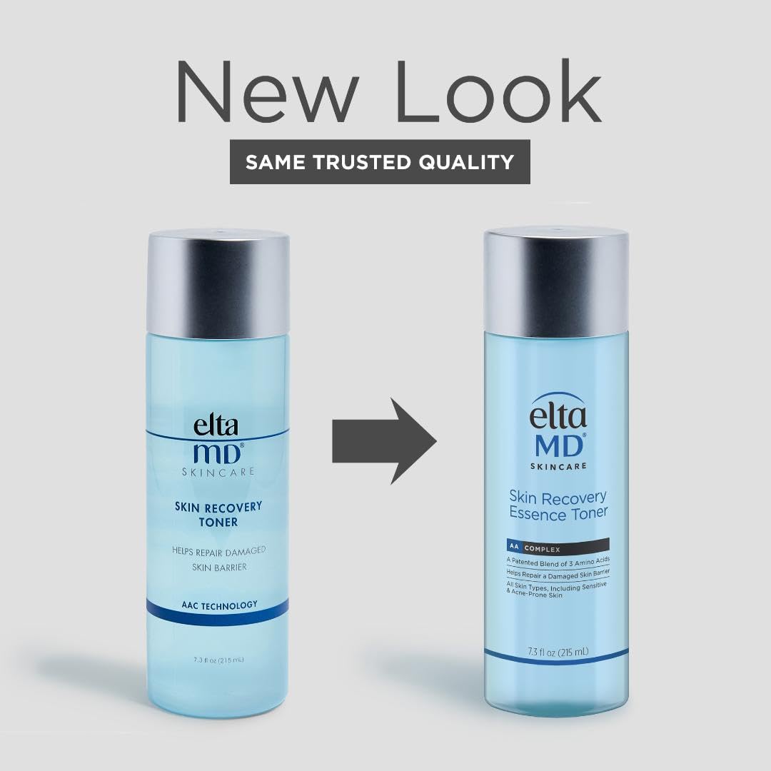 EltaMD Skin Recovery Essence hydrating face toner in a 7.3 oz bottle, alcohol-free, with a clear liquid appearance and soft packaging.