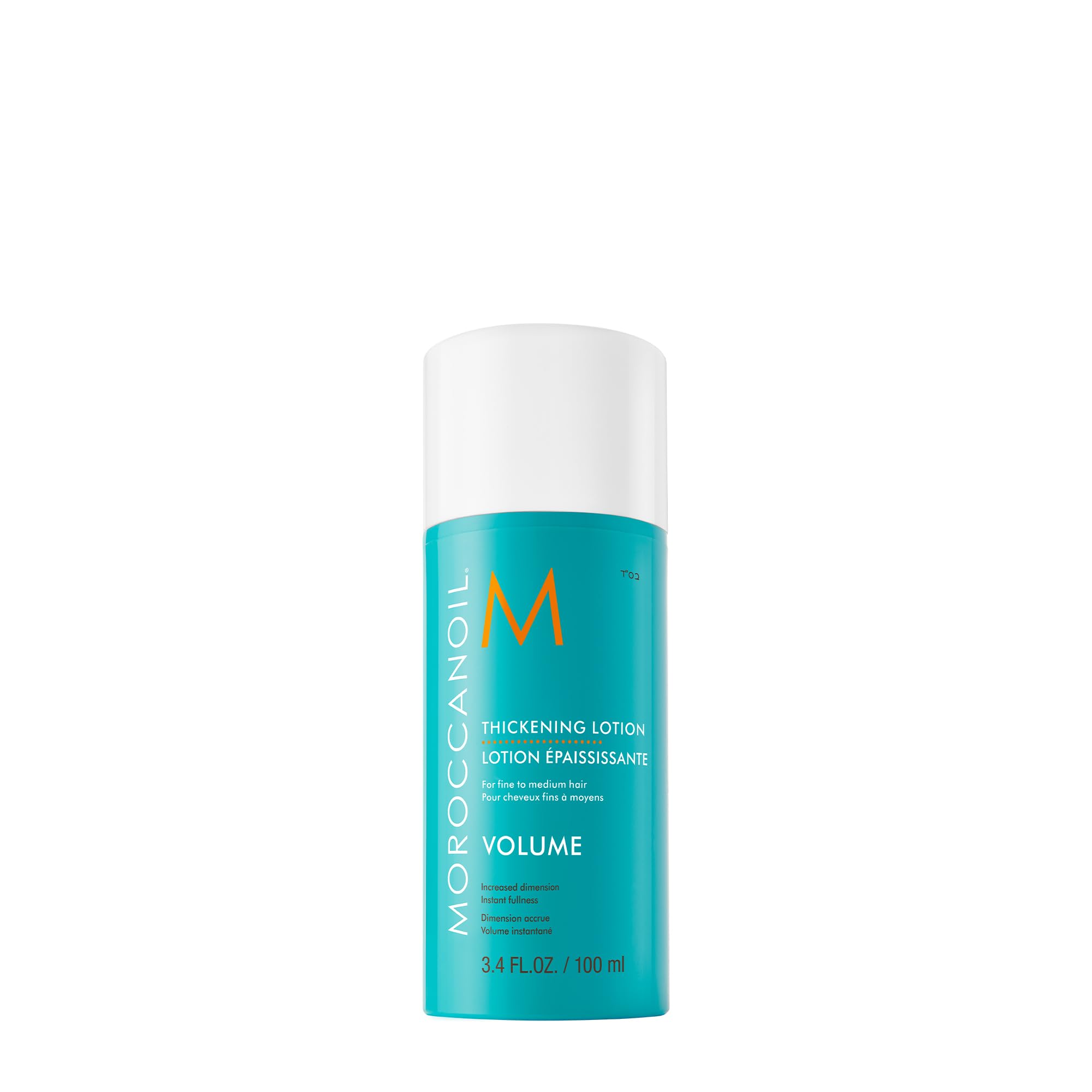 Moroccanoil Thickening Lotion in 3.4 oz with argan oil for volumizing hair styling, displayed in a clear bottle against a white background.