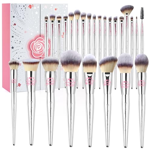Bueart Design 26Pcs PRO Makeup Brushes Set Christmas Gift(with Elegant Box) – Silver Gift, Synthetic Fiber