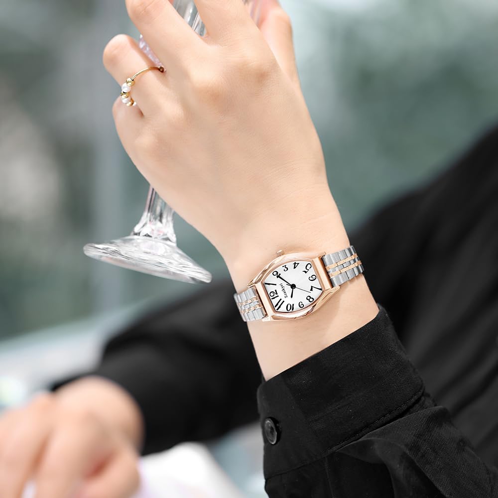 Szaikyri Barrel-Shaped Watch for Women with Easy Read Arabic Numerals Ladies Dress Watch – close-up detail