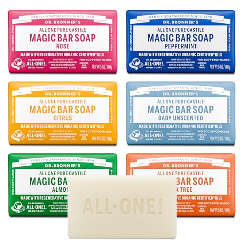 Dr. Bronner's Pure-Castile Bar Soap for Men & Women, 5 oz, Variety 6-Pack – Multi