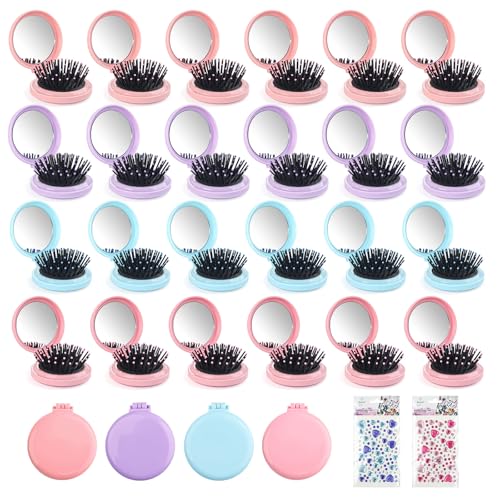Lilingsty 4 Colors Folding Mirror Hairbrush, 2 in 1 Compact Pocket Mirror Comb with DIY Stickers, Round Mini Pocket Make