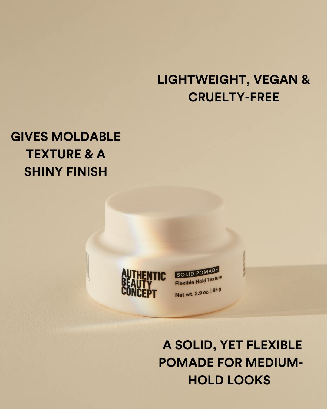 Authentic Beauty Concept solid pomade for textured hair, medium hold, shiny finish, suitable for all hair types, vegan and silicone-free.